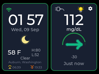 CYGM home screen showing 112 mg/dL in range with a green flat arrow and a green arc, beside a clock and a weather panel.