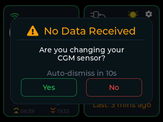 CYGM showing a card headed No Data Received, asking whether you are changing your CGM sensor, with Yes and No buttons.