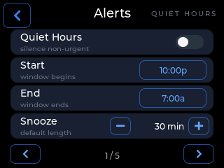 CYGM Alerts options page 1 of 5: Quiet Hours toggle labelled silence non-urgent, a start time of 10:00p, an end time of 7:00a, and a default snooze length of 30 minutes.