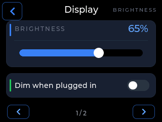 CYGM display sheet page 1: a brightness slider set to 65 percent and a Dim when plugged in toggle, switched off.