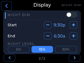 CYGM display sheet page 2: Night Dim toggle, a start time of 9:30p, an end time of 6:30a, and night level options of 5, 15 and 30 percent.