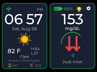 CYGM home screen showing a rapid-fall alert: two red downward arrows side by side next to a reading of 153 mg/dL.
