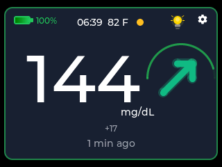 CYGM expanded home view: the glucose number fills the screen at 144 mg/dL with a large trend arrow.
