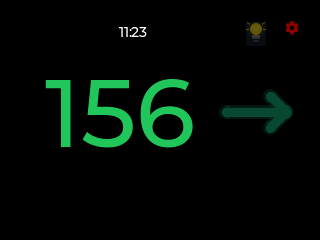 CYGM night face: a large green glucose value of 156 with a flat trend arrow on a black background, the time 11:23 shown small and white in the top bar.