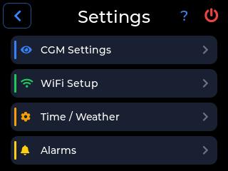 CYGM settings menu listing CGM Settings, WiFi Setup, Time / Weather and Alarms, with a question-mark and power icon in the title bar.