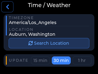 CYGM Time / Weather settings showing timezone America/Los_Angeles, location Auburn Washington, a Search Location button, and weather update interval options of 15 min, 30 min and 1 hr.