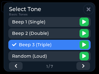 CYGM Select Tone picker showing Basic Tones page 1 of 7 with Beep 1, Beep 2, Beep 3 selected, and Random (Loud), each with a green play button.