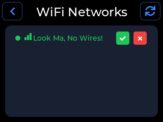CYGM WiFi Networks screen showing one saved network with a green connected dot, a green check button and a red remove button.