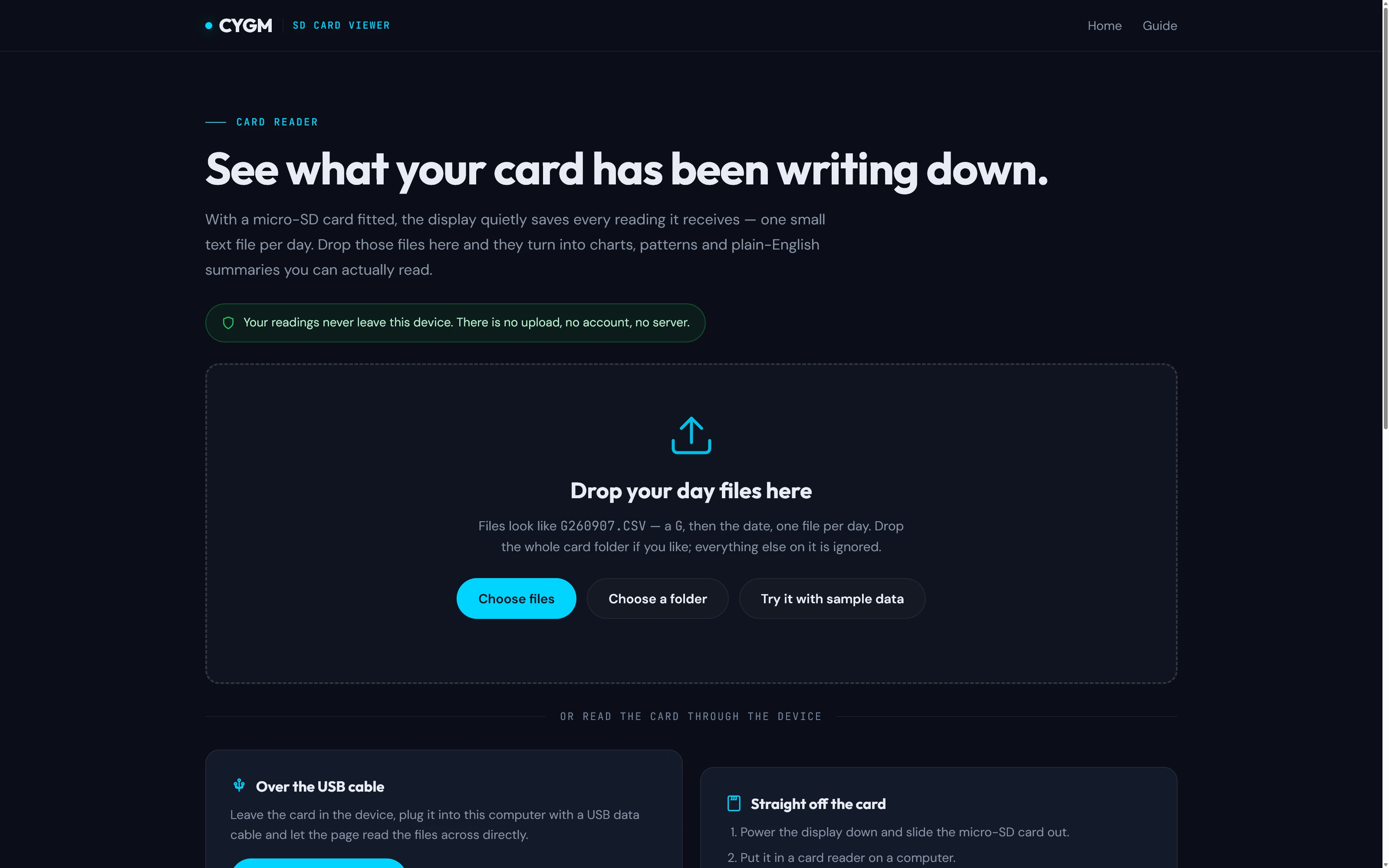 The viewer before any data is loaded: a toolbar with Simple and Detail tabs and the unit buttons, a card headed Nothing open yet, and under it a dashed drop zone with Choose files, Choose a folder and Try it with sample data buttons beside a card for reading the card through the device.